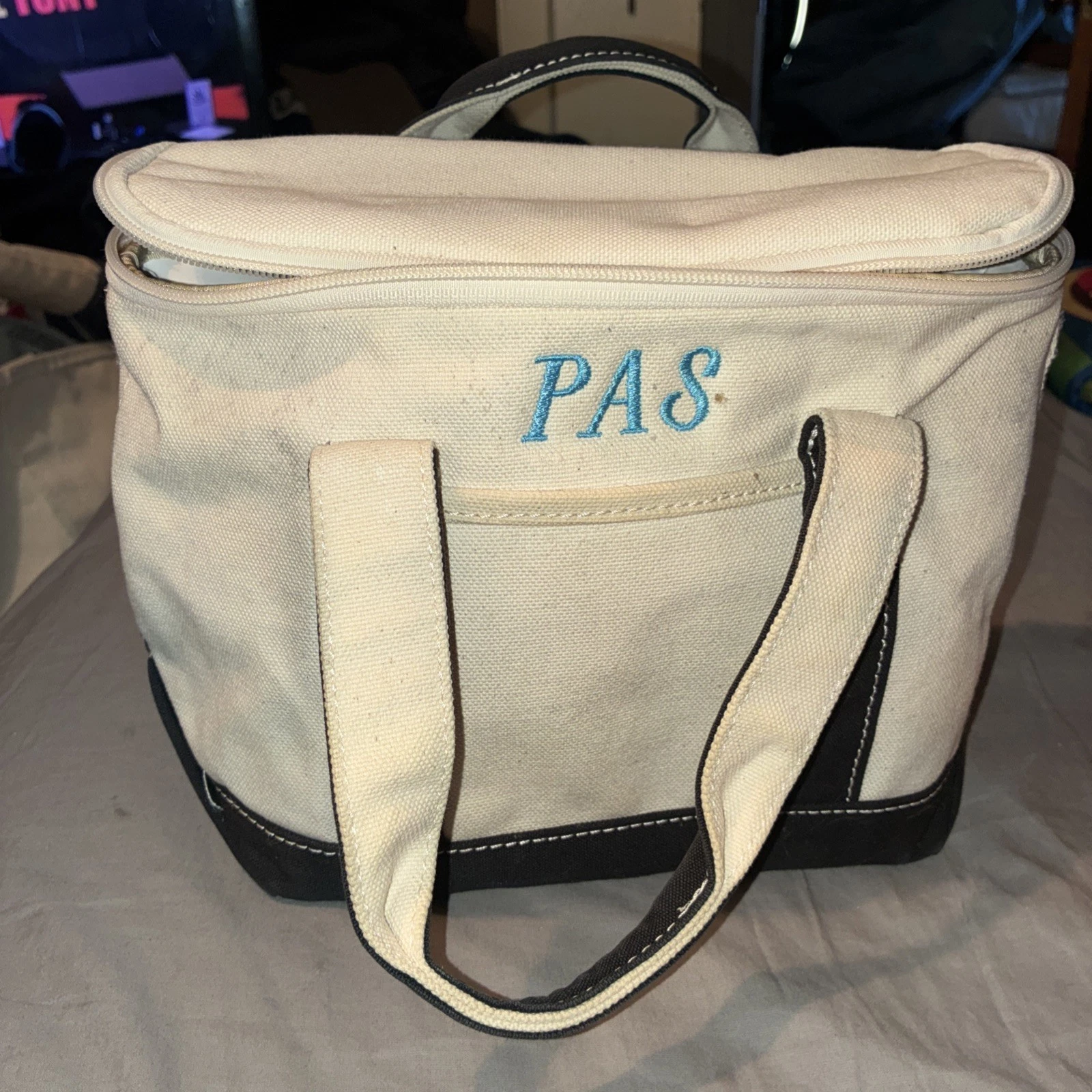 LL Bean Insulated Canvas Bag Cooler Lunch Boat & Tote Blue White Mini Tote