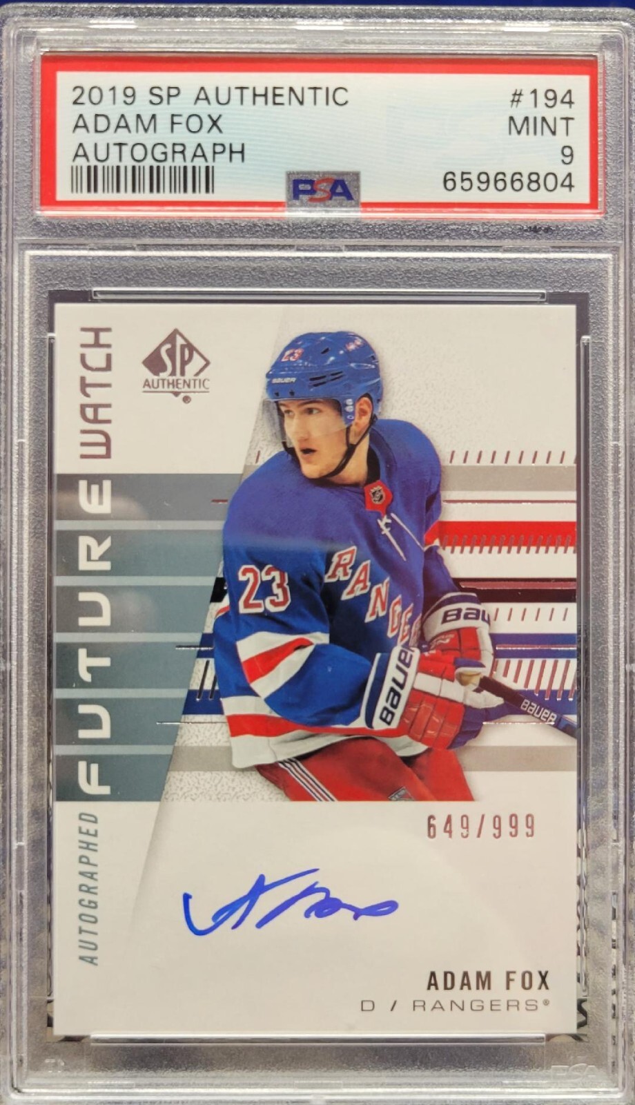 Adam Fox 19/20 UD SP Authentic Future Watch Rookie Auto /999 PSA 9