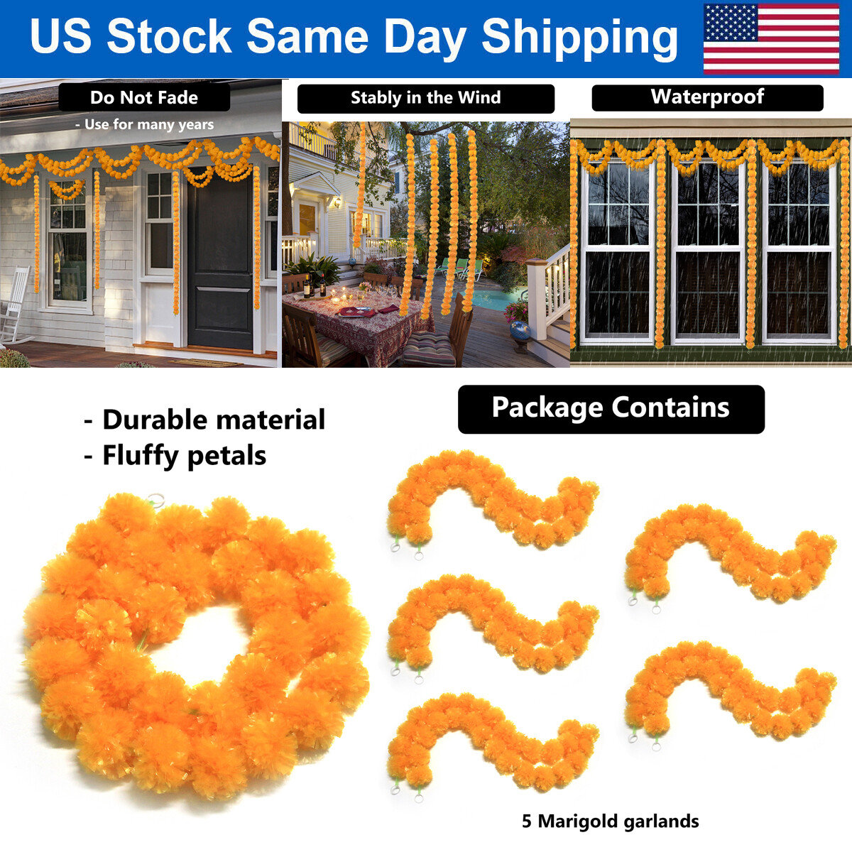 5Pcs Marigold Garland 4.7ft Artificial Flower Garlands Indian Pooja