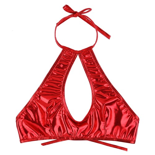 Damen glänzend metallisch Neckholder Schlüsselloch Crop Top rückenfrei Tanzkleidung Bustier BH - Bild 5 von 65