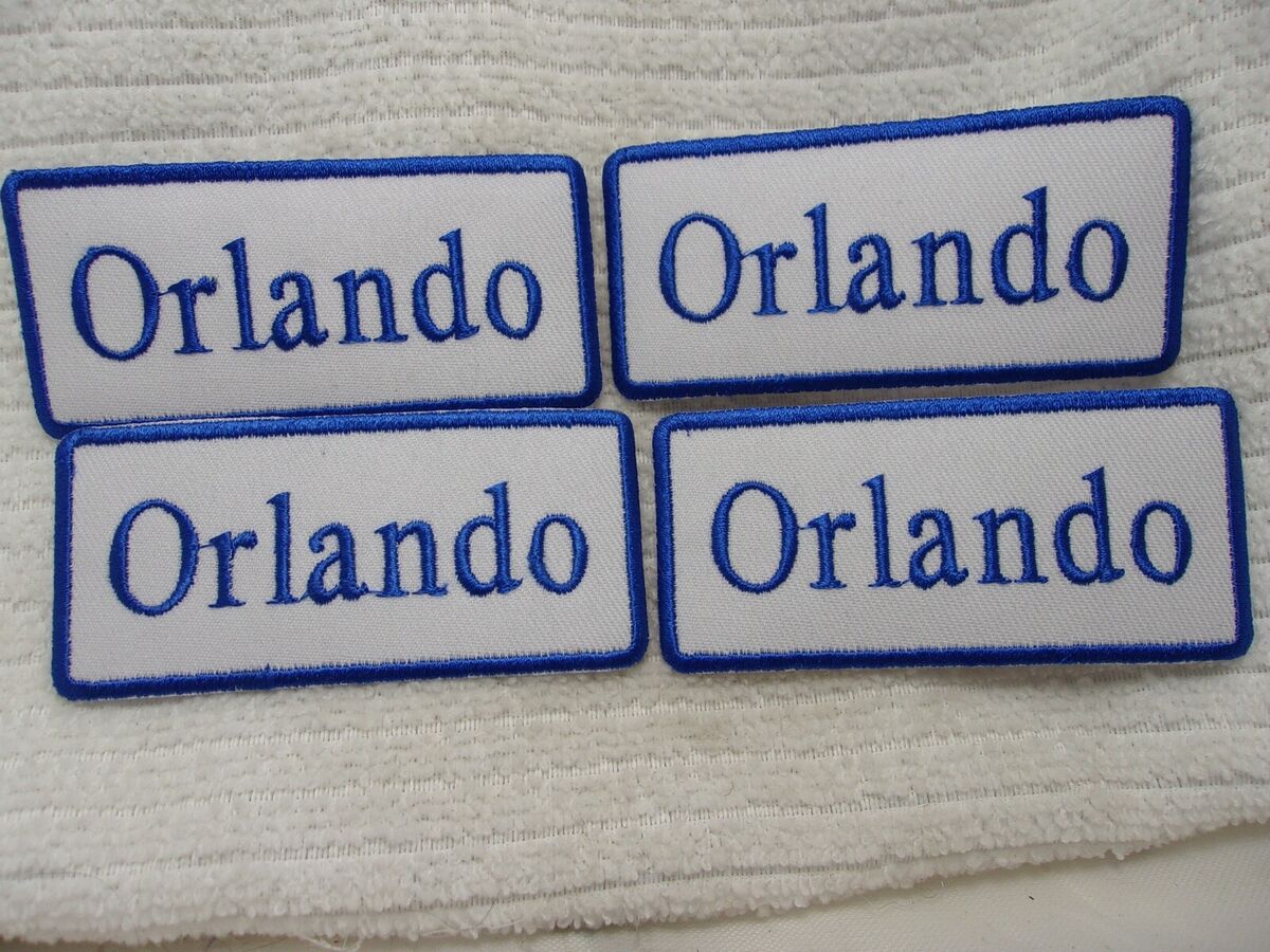 ORLANDO NEW EMBROIDERED SEW / IRON ON NAME PATCH BLUE ON WHITE