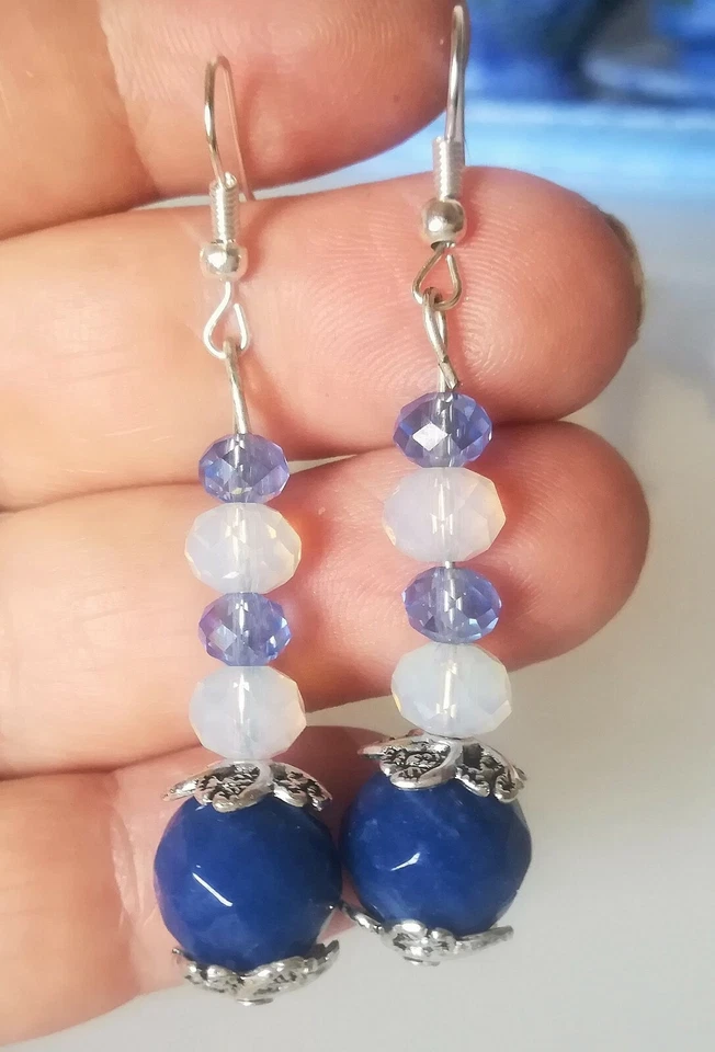 ORECCHINI DONNA IN PIETRA DI LUNA CON ZAFFIRI NATURALI, CRISTALLI E ARGENTO 925 - Immagine 4 di 4