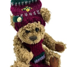 Vintage 90s Teddy Bear Plush in Winter Hat Curly Fur Shaggy Furry Stuffed Animal