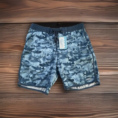 New! Reel Life Men s Sz XXL (2XL) Boardwalk Shorts Teal Many  Fish Print