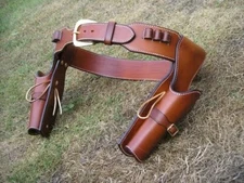 Leather Dual Gun Holster With Belt Western Tooled Gun Cover With Ammo Loop - Tan