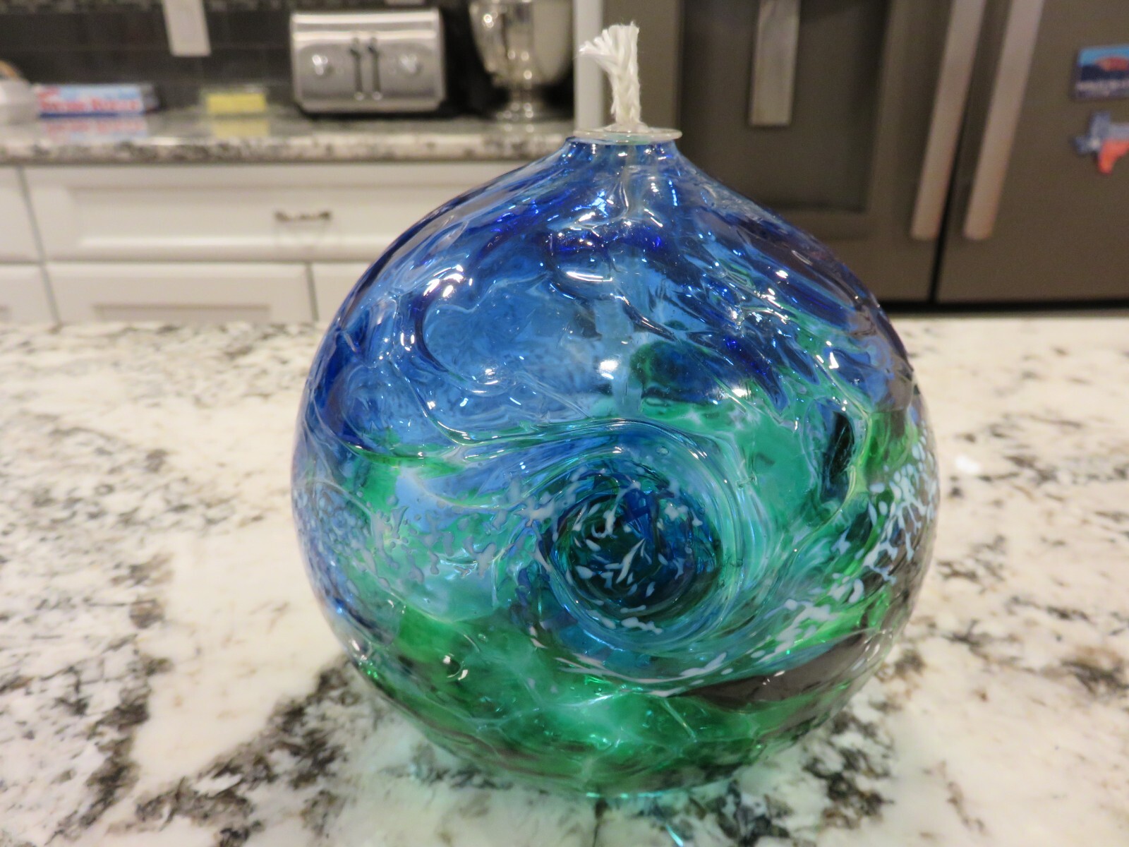 Kitras Art Glass Oil Lamp Blue & Green van Gogh Starry Night Inspired
