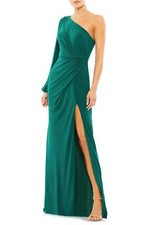 Mac Duggal 67879 One-Shoulder Long Sleeve Ruched Jersey Gown SZ 4 ($348) Emerald