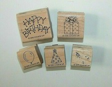 Rubber Stamp Wood Mounted Set Happy Birthday Present Balloon Party Hat Confetti