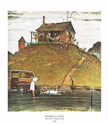 #ad Norman Rockwell print quot;FIXING A FLATquot; young women changing tire bum looks 8quot;x10quot; $6.99