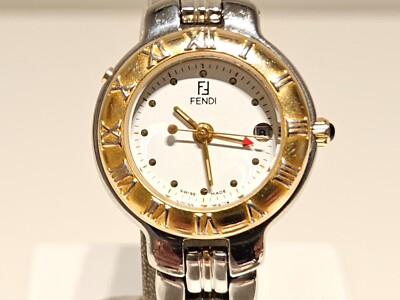 FENDI デイト シルバー×ゴールド ズッカ レディース腕時計 1420 VINTAGE RARE TWO TONE SWISS ST. STEEL DIVER STYLE GMT QUARTZ