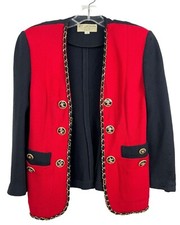 Vtg St. John Sportswear Marie Gray Red Black Santana Knit Jacket Gold Chain Sz 2