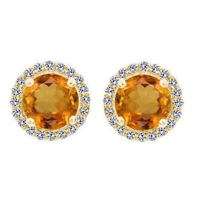 7mm 2.00 Ct Citrine & 1/4 Ct Diamond 14K Yellow Gold Halo Stud Earrings