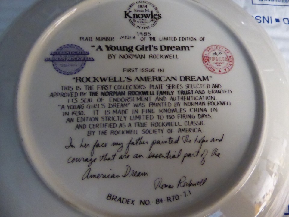 THE NORMAN ROCKWELL SOCIETY Limited Edition Plate " A Young Girl's