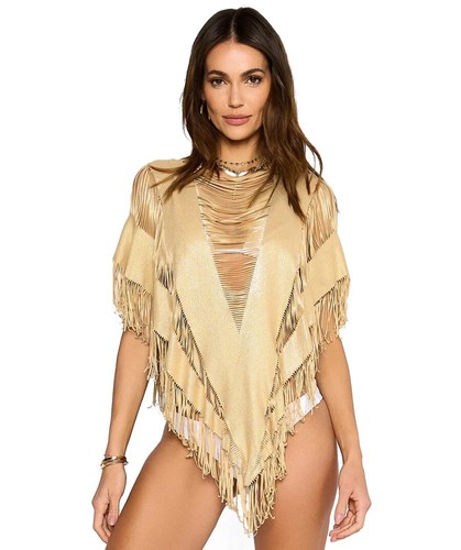 Poncho SEXY NUOVO CON ETICHETTE BEACH BUNNY INDIANO ESTIVO FRANGE ORO TAGLIA UNICA - Foto 2 di 6