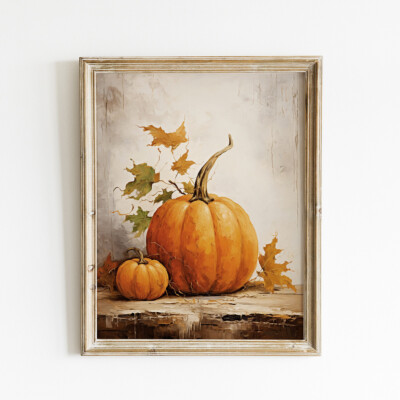 Kürbis Gemälde, gedeckte Farben Kunst, Herbststill Natur, Vintage Herbstdruck