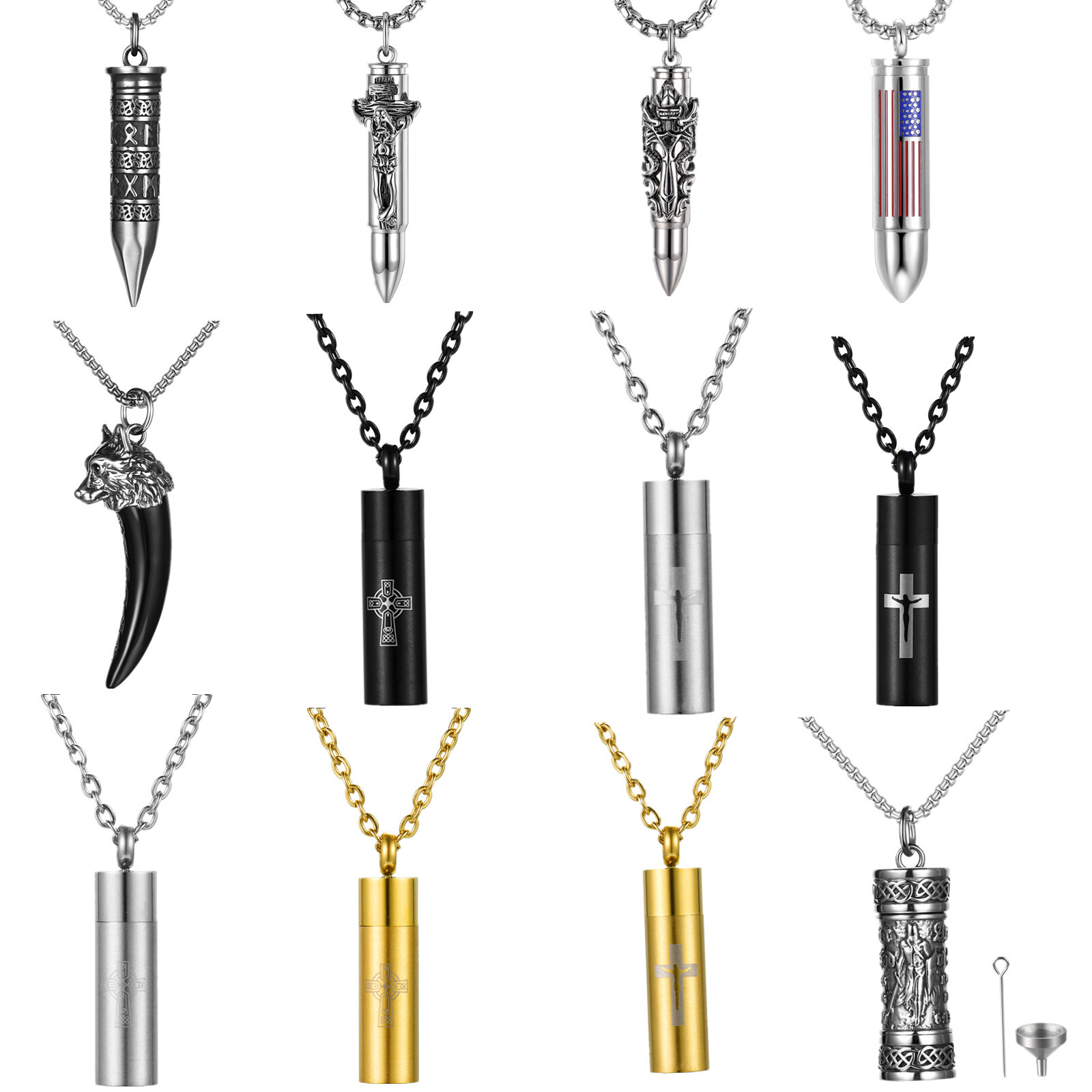 Mens Wolf Cross Bullet Memorial Cremation Ash Urn Necklace Stainless Steel Chain
