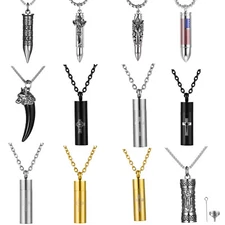 Mens Wolf Cross Bullet Memorial Cremation Ash Urn Necklace Stainless Steel Chain