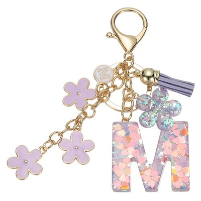 Alphabet m Tassel Cherry Blossom Initial Letter Keychain (Purple, Pack of 1)