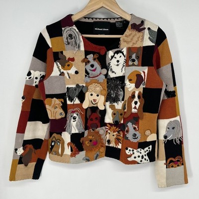 Michael Simon Vintage 90 s Dog Lover Patchwork Cardigan Sweater Beaded, Size M