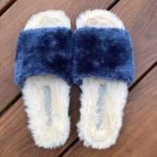 New Lori Goldstein Li-Dillian Faux Fur Open Toe Slide Slippers Blue Cream Sz 6M