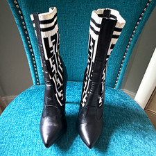 Women's Black/White Knit Logo Sock Ankle Boots Pointed Toe Stiletto Zip 7