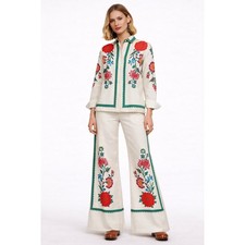 Floral Embroidered Two Piece Set Cream Wide Leg Pants Button Down Shirt Large