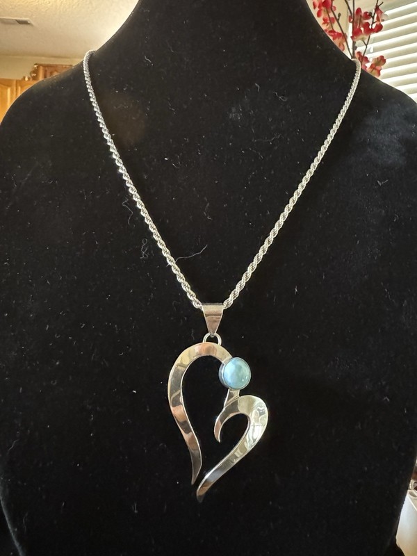 Julieta Toledo silver, larimar pendant on 24” 2.5mm sterling rope chain.