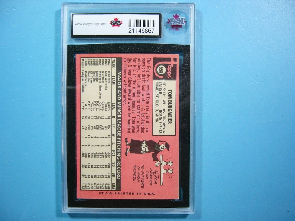 1969 TOPPS MLB BASEBALL CARD #558 TOM BURGMEIER ROOKIE RC KSA 9 MINT SHARP!! GL - Image 2 of 2