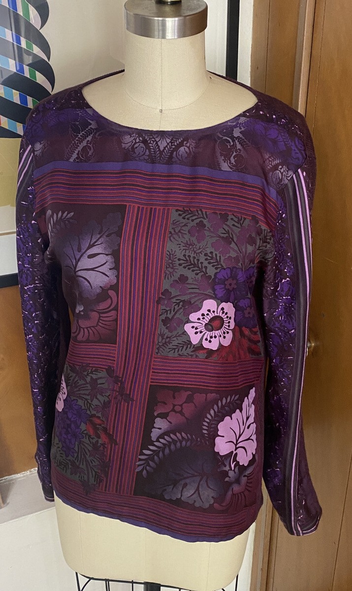 ETRO Silk front Linen knit back Sz S purple pink floral stripe sweater top View 5