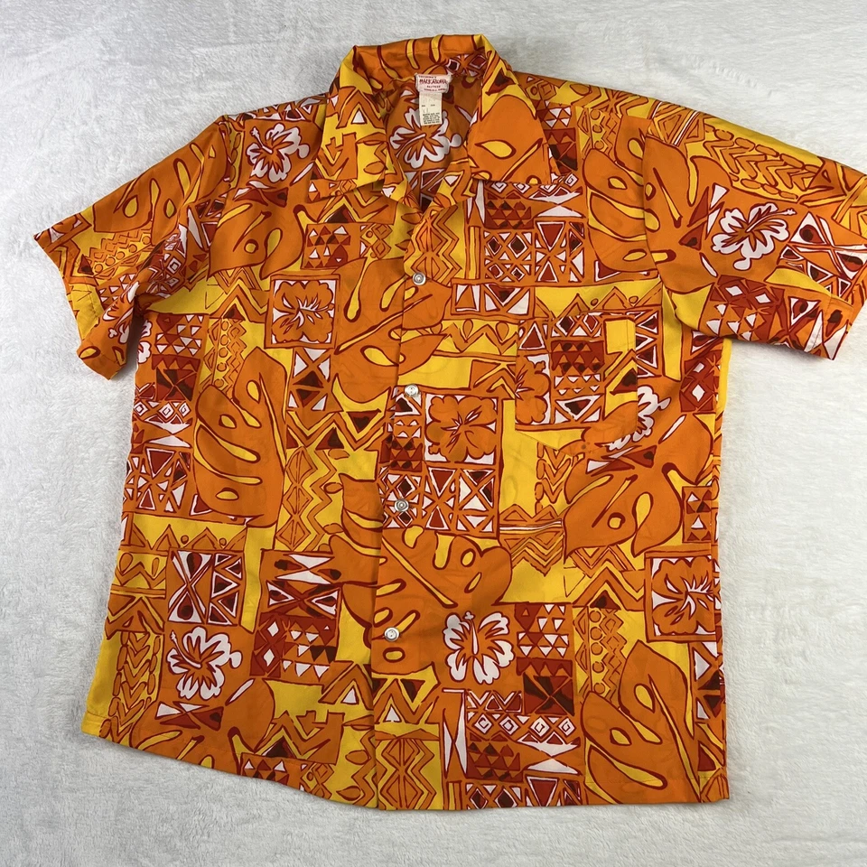 VTG Hale Aloha Isoshima Hawaiian Shirt XL Orange Geometric Cotton Aloha Surf - Image 4 of 4