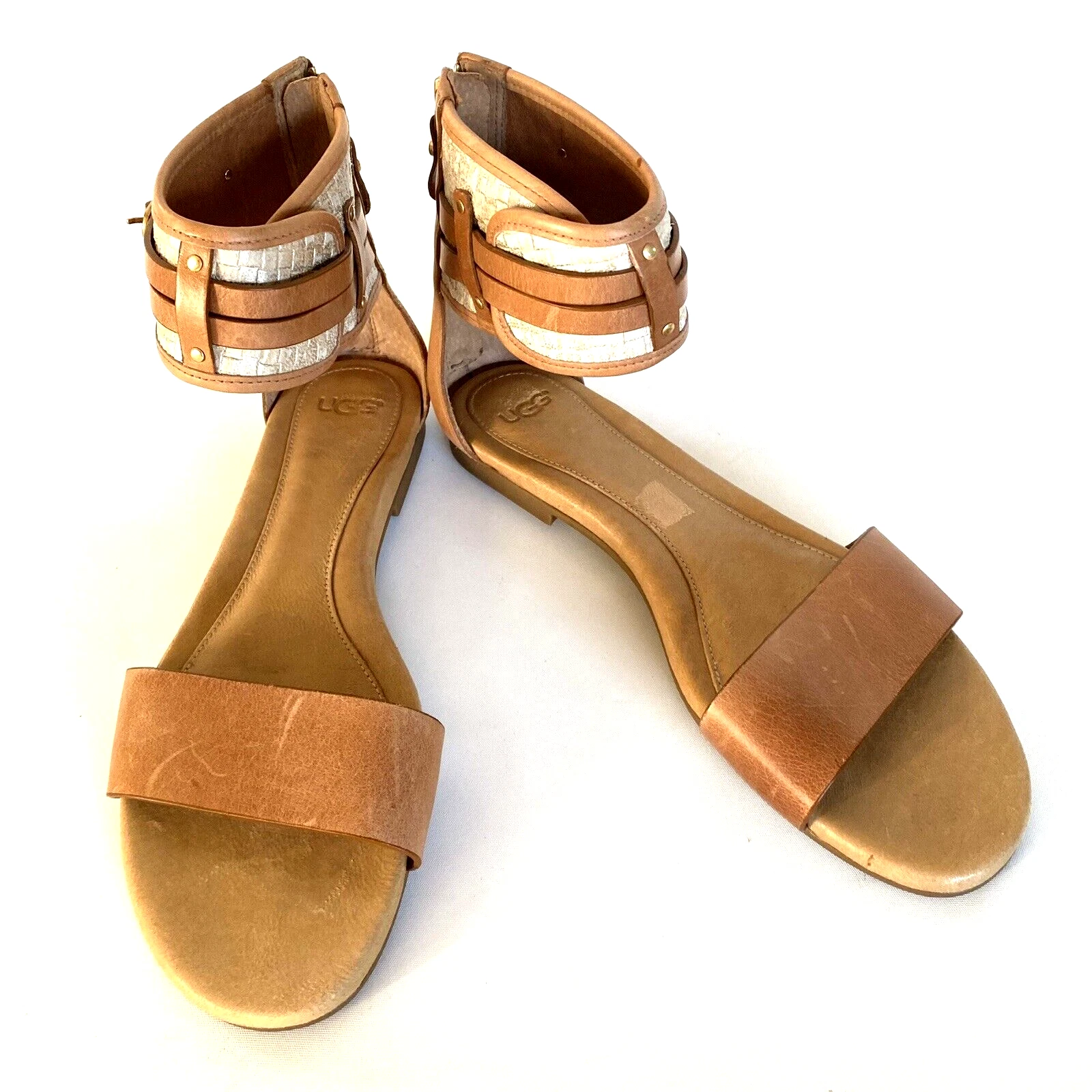 Sandali gladiatore donna UGG cinturino alla caviglia taglia 10 pelle marrone chiaro zip piatta