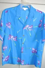 Casual Wear Hawaii Mens Medium Simple Purple Orchids on Blue 60s Polyester/Nice