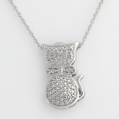 Cat Pendant 18'' Necklace for Women's Natural Diamond Accent 925 Sterling Silver