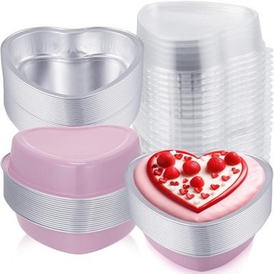 Fainne 100 Sets Mother's Day 5'' Aluminum Foil Heart Shaped Cake Pans with Clear