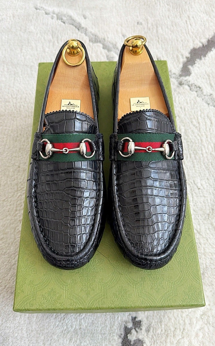 GUCCI ブラック ラバー フラットシューズ Authentic Gucci Web Black Alligator/Croc Embossed Mens Loafer US10