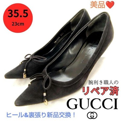 Womens GUCCI Expertly repaired item GUCCI suede ribbon GG mark pumps black