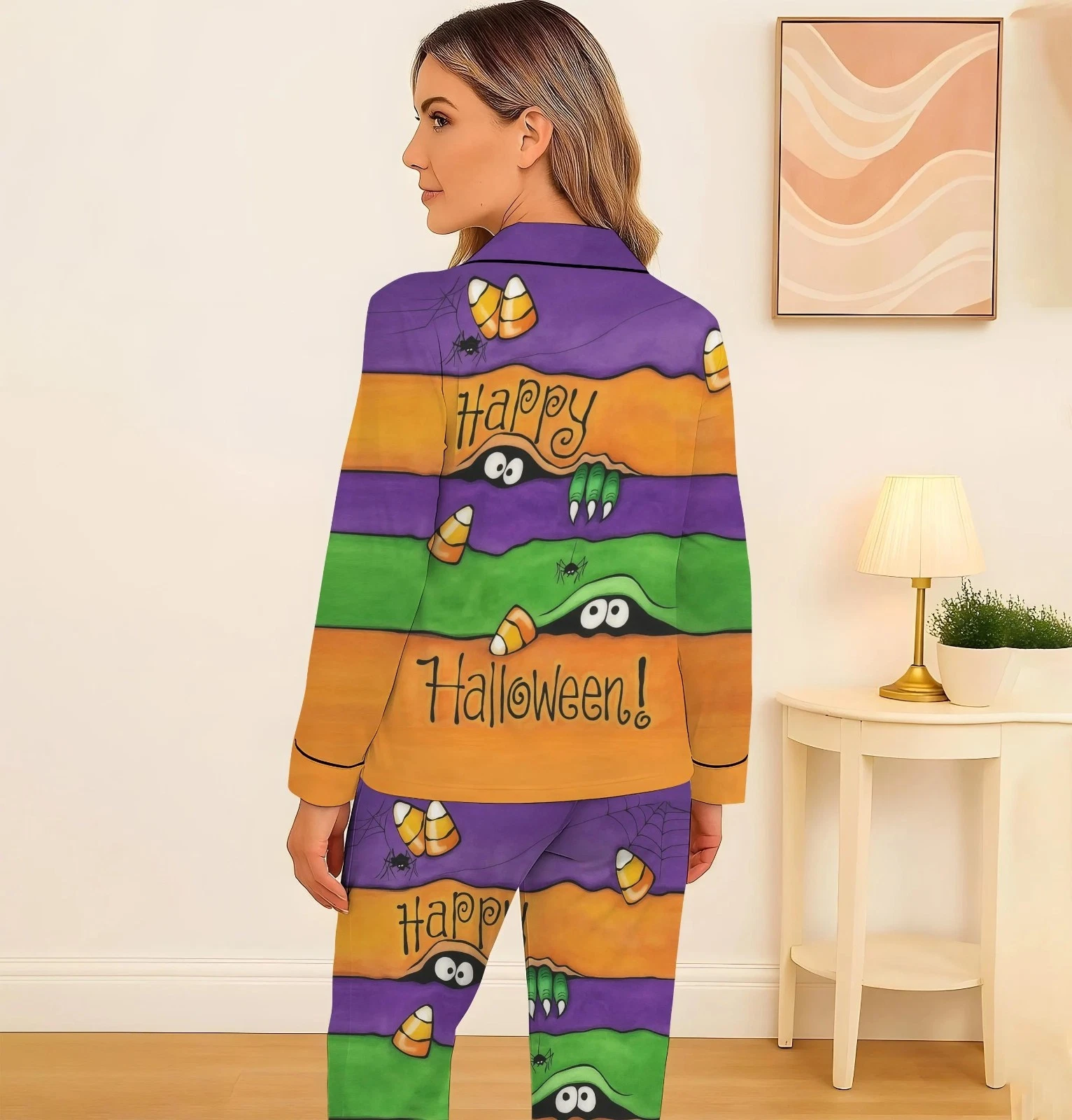 Halloween Pajama Set for Adults, Ghost Pumpkin Witch Sleepwear, Spooky Fall