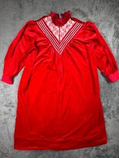 Vintage 1970s Red Velour Lace Ruffle Collar Nightgown Lounge Dress Sleep Gown