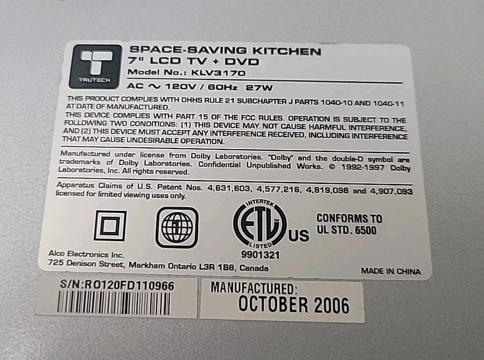 Trutech KLV3170 Space Saving Kitchen 7” LCD TV-DVD Player Radio Remote No Mount - Image 4 of 4