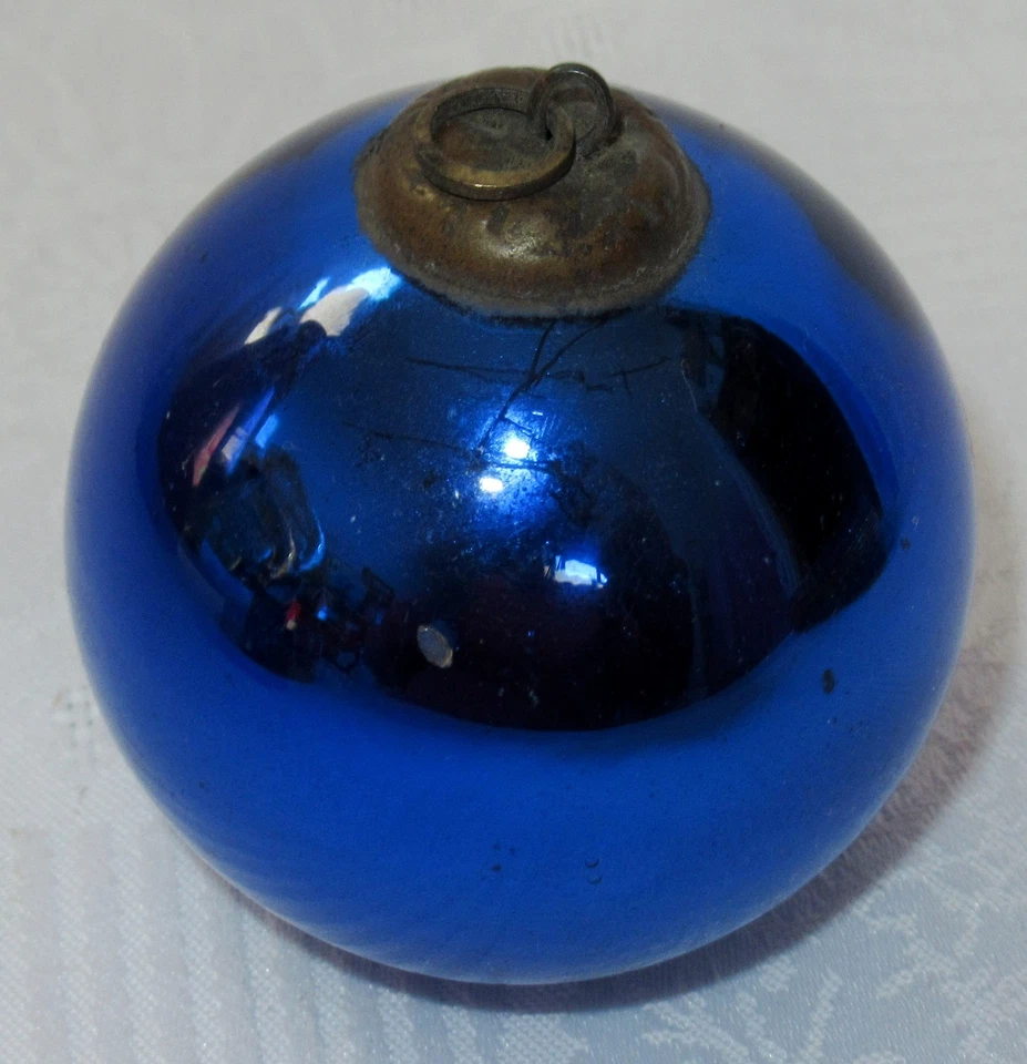 ANCIENNE BOULE DE NOEL BOULE DE PARDON BLEUE COBALT VERRE MERCURISE EGLOMISE - Photo 3/4