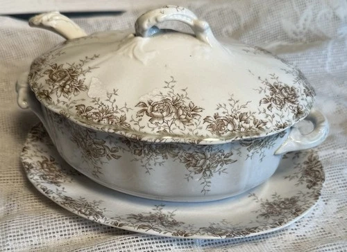 Antique Rosamond England Hanley Meakin Brown Transferware Soup Tureen Spoon &Lid