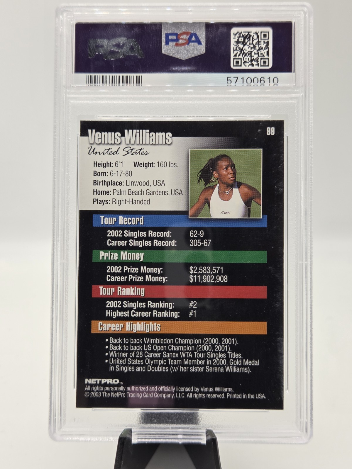 NetPro 2003 Venus Williams Rookie #99 PSA Graded WTA Tennis Trading Card view 3