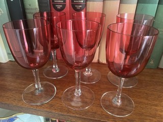 Antique Victorian Set of 6 Cranberry Glass Wine Glasses with clear glass stems