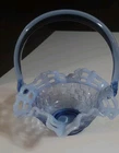 Fenton Decor Vtg Cobal Blue Glass Basket Handle Ruffled Lace Edge & Basket Weave