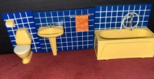 vintage 16th scale - LUNDBY - BLUE TILED BATHROOM SUITE Toilet Bath Sink