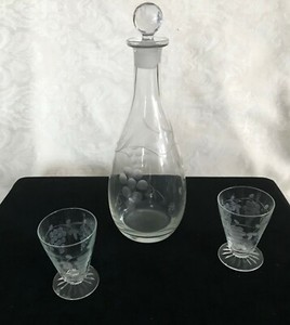Vintage Wine Decanter ~ Glass Stopper ~ Two footed glasses - grapes vine etched