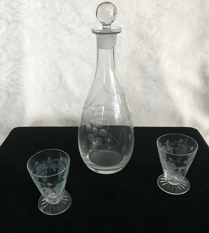 Vintage Wine Decanter ~ Glass Stopper ~ Two footed glasses - grapes vine etched