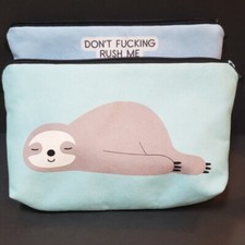 Sloth "Don't F king Rush Me" Cute Make-up Zipper Bags Set Of 2 Blue bags