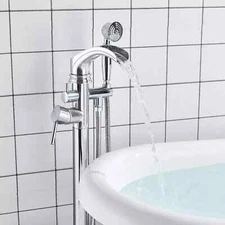 Chrome Floor Mounted Free Standing Bathtub Faucet Tub Filler w/ Handheld Shower