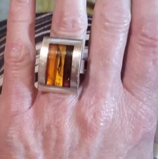 Minimalist Natural Amber Sterling Silver Ring Scandinavian Vintage Mid century